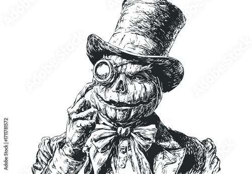 Scary Pumpkin Head Gentleman with Monocle and Top Hat. Vector hand drawn illustration