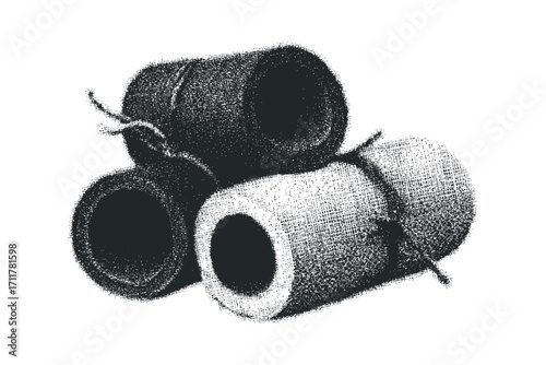 Three rolled up textiles tied with string. Vector hand drawn illustration