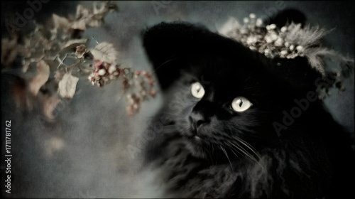 A fluffy black magic  kitten wearing an witch's hat, surrounded by autumn leaves, Halloween background