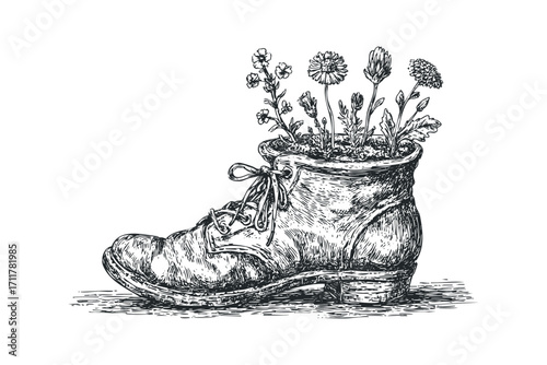 Sketch of old leather boot used as planter with wildflowers. Vector hand drawn illustration
