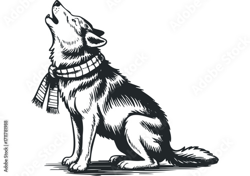 Howling Wolf with Scarf Isolated on White. Vector hand drawn illustration