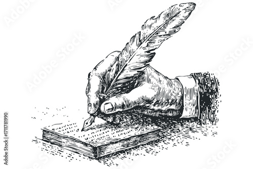 Person writing with quill pen on open book. Vector hand drawn illustration