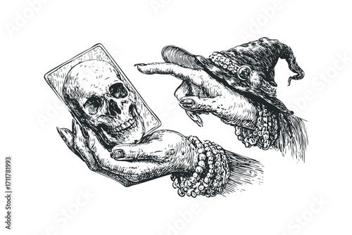Hand holding skull card with witch hat. Vector hand drawn illustration
