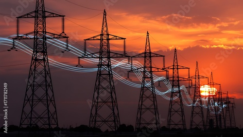 Fototapeta Naklejka Na Ścianę i Meble -  Towering electricity pylons silhouetted against a dramatic sunset sky