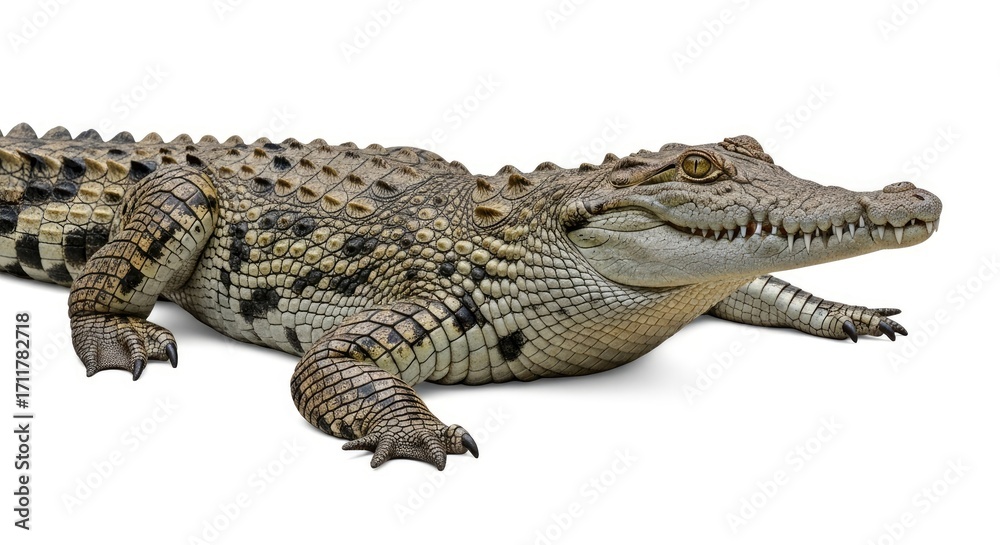 Naklejka premium A detailed view of a powerful crocodile, showcasing its textured scales and sharp features, isolated on a white background.