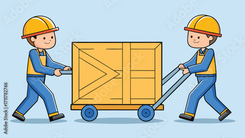 Delivery team moving large wooden crate with hand truck, ideal for logistics and transportation themes, conveying teamwork, efficiency, and safe handling