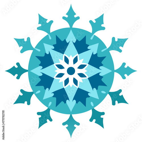 Intricate teal and blue snowflake mandala design