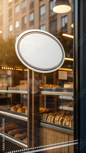 Bakery Window Display with Oval Sign and Pastries shop