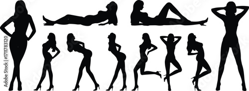Female model silhouettes, standing and lying poses, elegant woman figure, fashion art concept, stylish body posture, black shadow illustration design