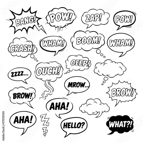 Dynamic monochrome comic book style speech bubbles and explosive sound effects collection, featuring diverse cartoon text elements for expressive visual communication and graphic design projects