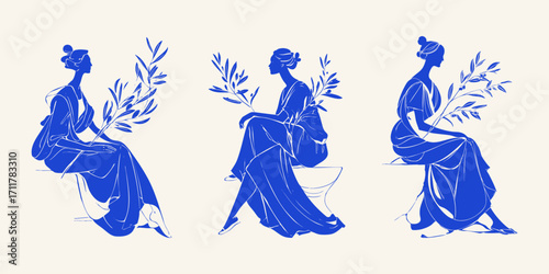 Minimalist Greek illustration of three women holding olive branches, modern blue silhouette art style.