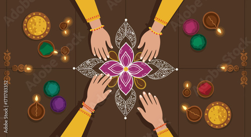 This flat design vector shows hands carefully crafting a vibrant rangoli pattern, a traditional art form for Diwali celebrations. It highlights the artistic and cultural aspect of the Festival of Ligh
