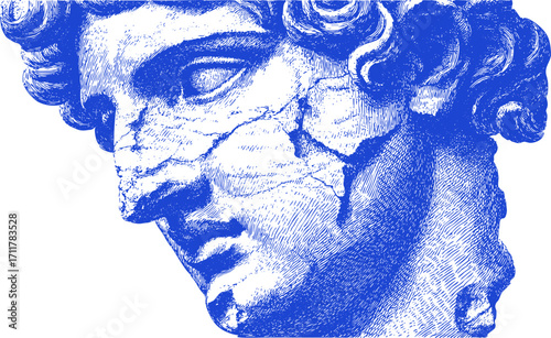 Sketchy of ancient Greek statue head with cracks and details, vintage classical line art bust illustration in blue.