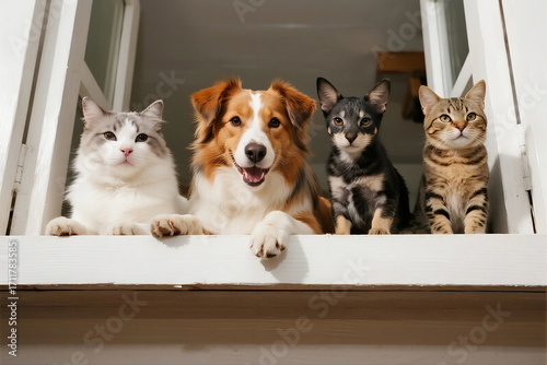 A group of diverse pets including dogs and cats looking out a window