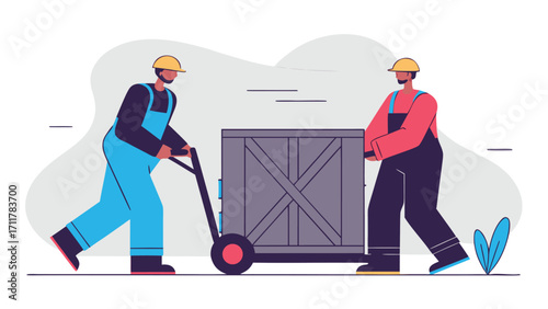 Efficient warehouse workers transporting crate with hand truck, illustrating teamwork and logistics in vibrant modern style, perfect for industrial design