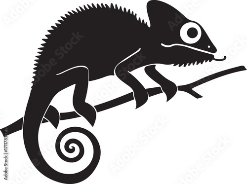 Chameleon perched on branch, black silhouette, unique design
