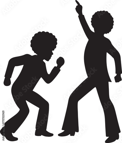Dance Silhouettes, Retro Disco Afro Figures, Dynamic Movement Vector.
