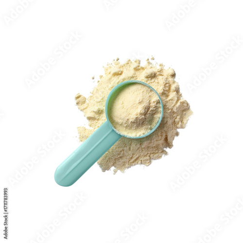 Scoop of Yellow Powdered Food Supplement on White Background