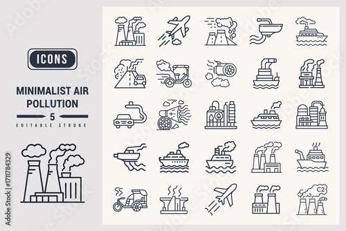 Minimalist Air Pollution Icons for Environmental Impact White Background.