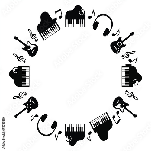 Musical Instruments Circle Frame Design Guitar, Piano, Headphones, and Notes in Black and White