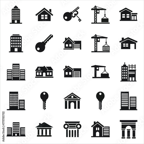 Collection of black and white real estate icons depicting houses, buildings, and construction elements