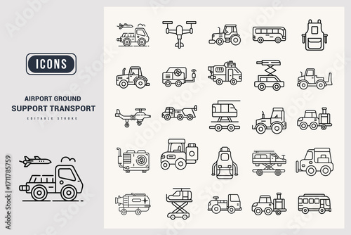 Airport Support Ground Transportation Vehicle Icons.