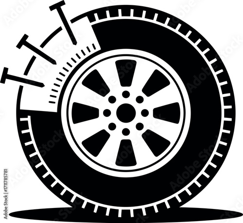 Sharp nails puncturing a car tire, symbolizing a flat or damaged wheel.