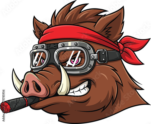 Fierce wild boar with cigar, wearing red bandana and goggles, aggressive animal character, tough attitude, cartoon wild pig, smoking, wild, rebellious, strong, bold, fierce