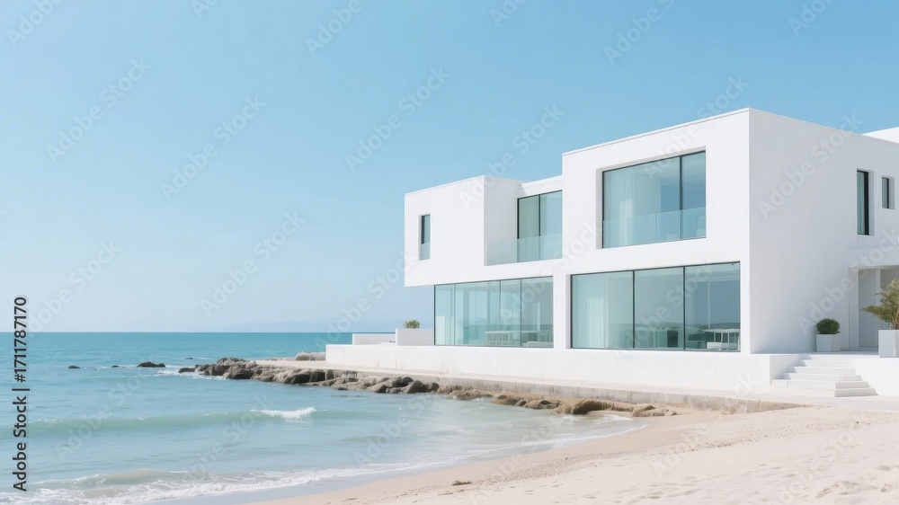 Obraz premium Modern white house with large glass windows situated on a sandy beach overlooking the ocean