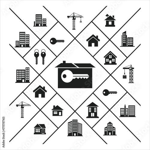Real Estate Icons Houses, Keys, and Construction Elements in a Geometric Pattern