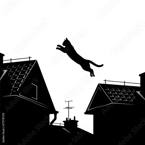 Black cat silhouette jumping between rooftops isolated on white background