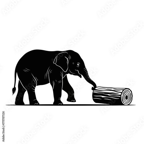 Elephant pushing a log silhouette isolated on white background