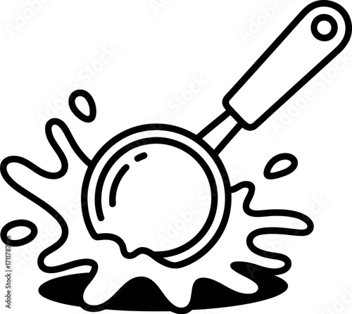 Simple line art illustration of an ice cream scoop splashing into a puddle