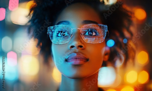 Woman programming and coding, working with artificial intelligence, cybersecurity, and digital software development. The focus is on data analysis, security, and futuristic technology, Generative AI