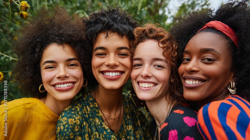 Obraz premium Three smiling women posing together outdoors during daytime.