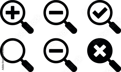Collection of magnifying glass icons representing zoom in, zoom out, check, and cancel functions.