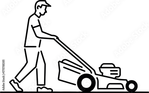 Man mowing lawn outdoors with a lawnmower, symbolizing yard work and maintenance.