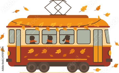 Vector illustration of a retro tram decorated with autumn leaves. Passengers in scarves enjoy a seasonal ride, symbolizing cozy travel and urban transport in fall.