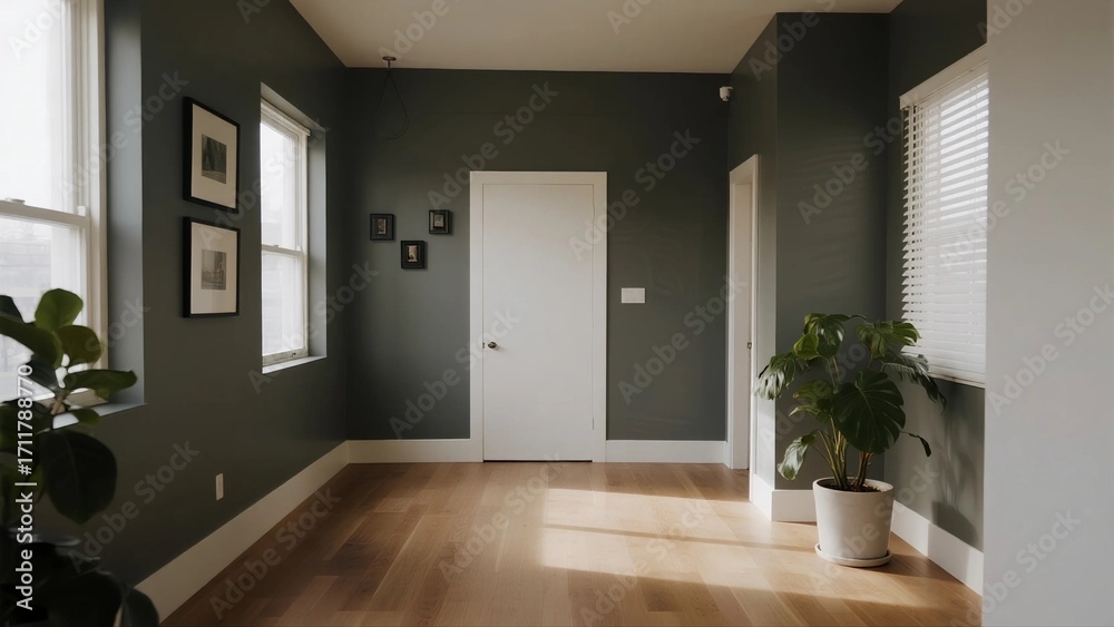 Fototapeta premium Modern interior room with green walls and wooden floors
