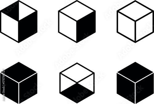 Abstract geometric shapes of cubes in various shades and perspectives
