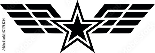 Bold black star emblem with stylized wings, symbolizing achievement and victory