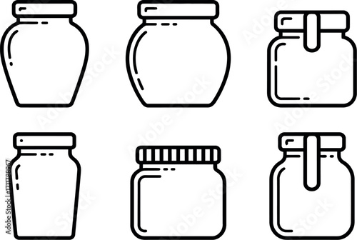 Collection of various empty glass jars with lids, rendered in simple line art style.