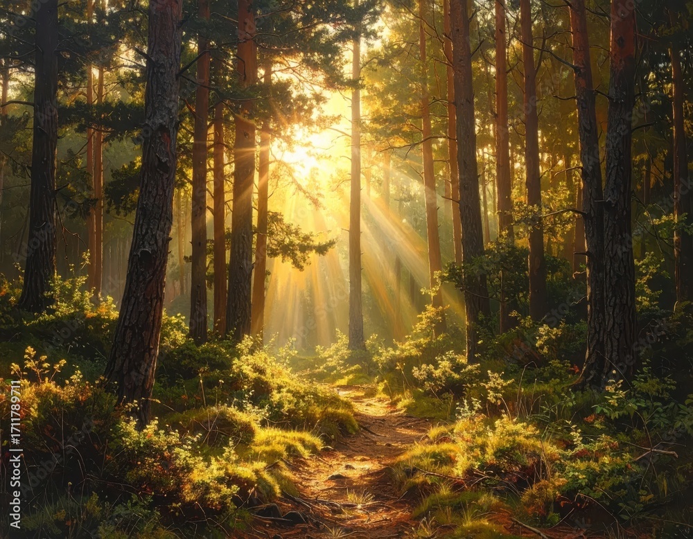 Obraz premium Golden sunlight streams through a tranquil forest, illuminating a path winding through tall trees.