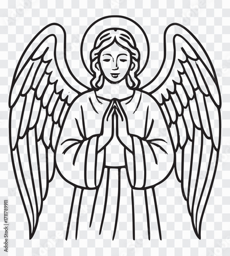 Angel Praying with Wings Outlined Angel Outline Drawing – Hand-Drawn Angel with Wings and Halo Sketch Praying Angel Line Art – Religious Angel Illustration Outline Design