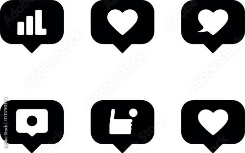 Collection of social media notification icons including likes, messages, and engagement metrics.