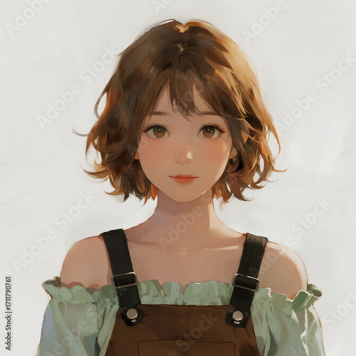 An illustration of a young woman with short curly hair