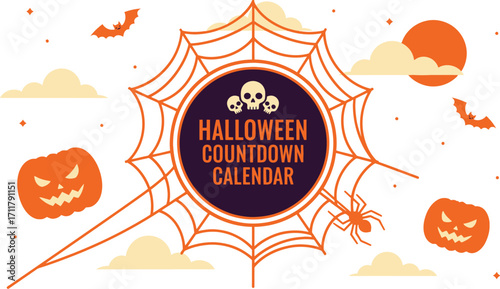 Spooky Halloween countdown calendar with pumpkins, bats, and spiderweb