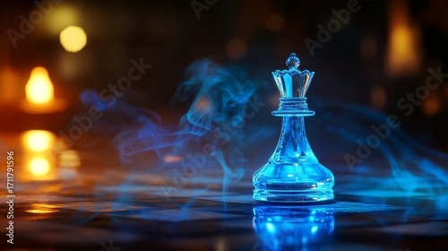 A glowing blue chess king piece on the chessboard, enveloped in a halo of ethereal smoke, generates a mystical atmosphere that is further enriched by the intricate details of the board, creating an
