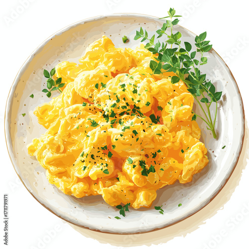 Vector illustration of a plate of scrambled eggs isolated on a solid white background
