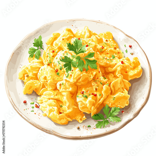 Vector illustration of a plate of scrambled eggs isolated on a solid white background